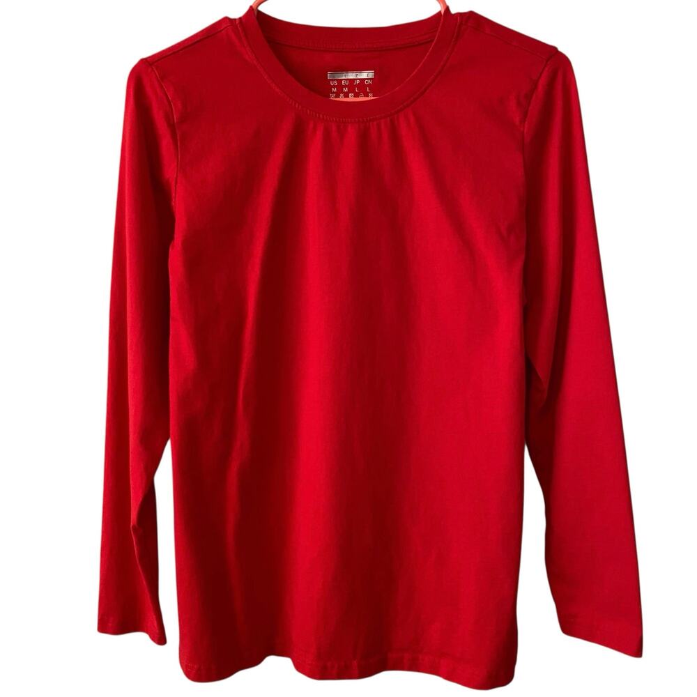 NO BRAND Red Basic Long Sleeve T Shirt Size Medium Crew Neck Cotton Essential